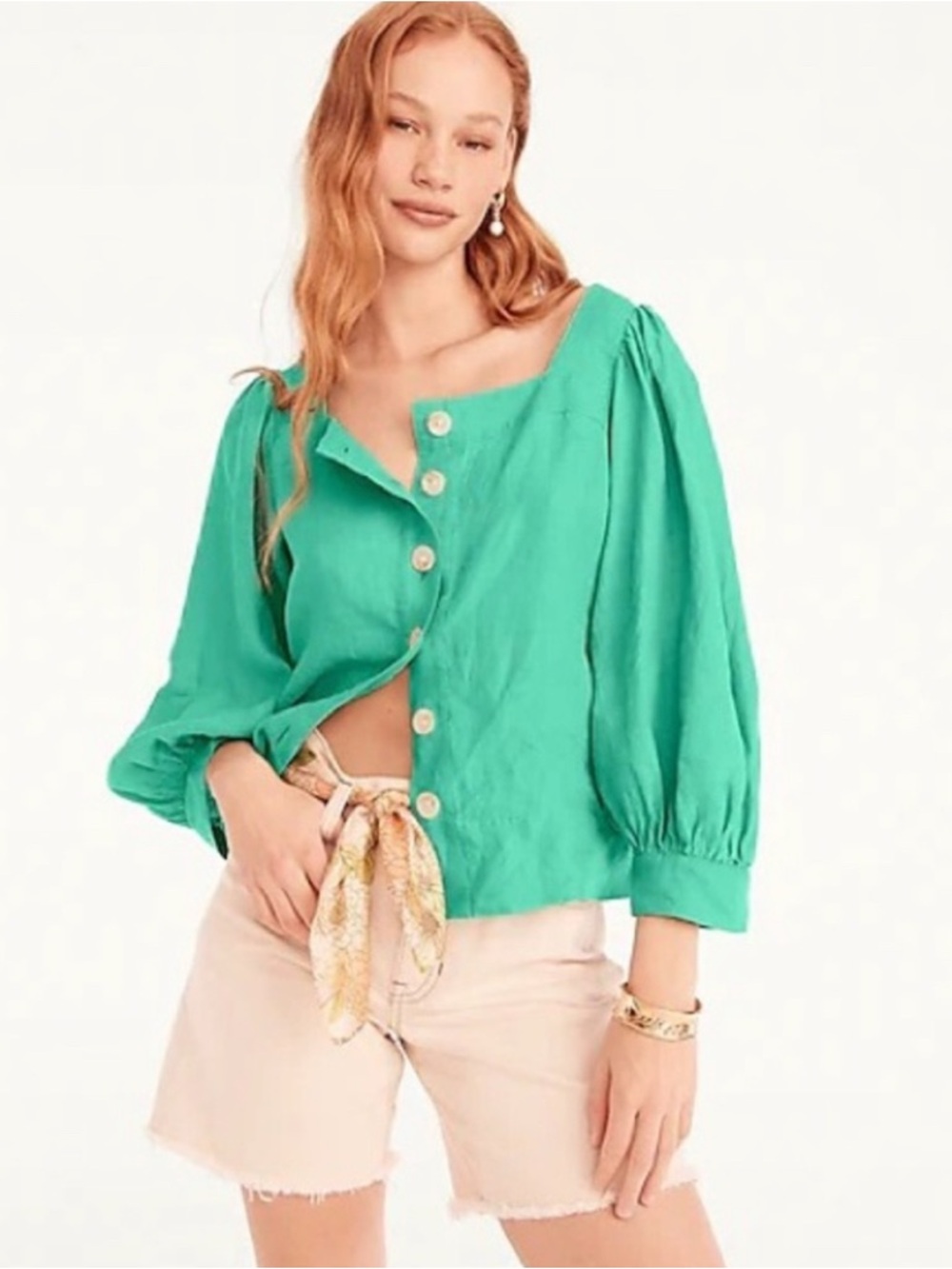 J. Crew 100% Linen Square Neck Button Front Blouse Coastal Summer Green 2022 XS